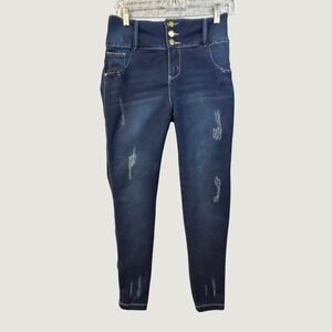 Tissini Womens High Waisted Skinny Jeans Dark Wash Distressed Triple Button 29